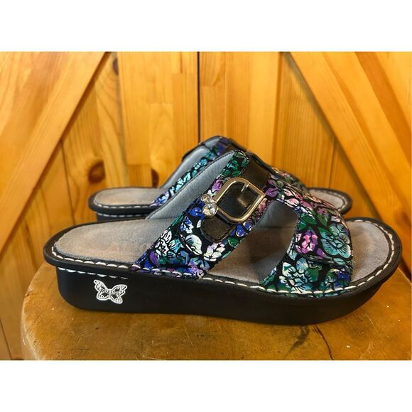 Alegria Peggy Hibiscus Floral Platform Slides Sandals Womens Sz 38 US 8-8.5 Leat - Picture 1 of 8